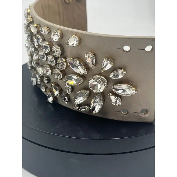 J. Crew Beige Leather Floral Rhinestone Statement Cuff Bracelet - Picture 9 of 11